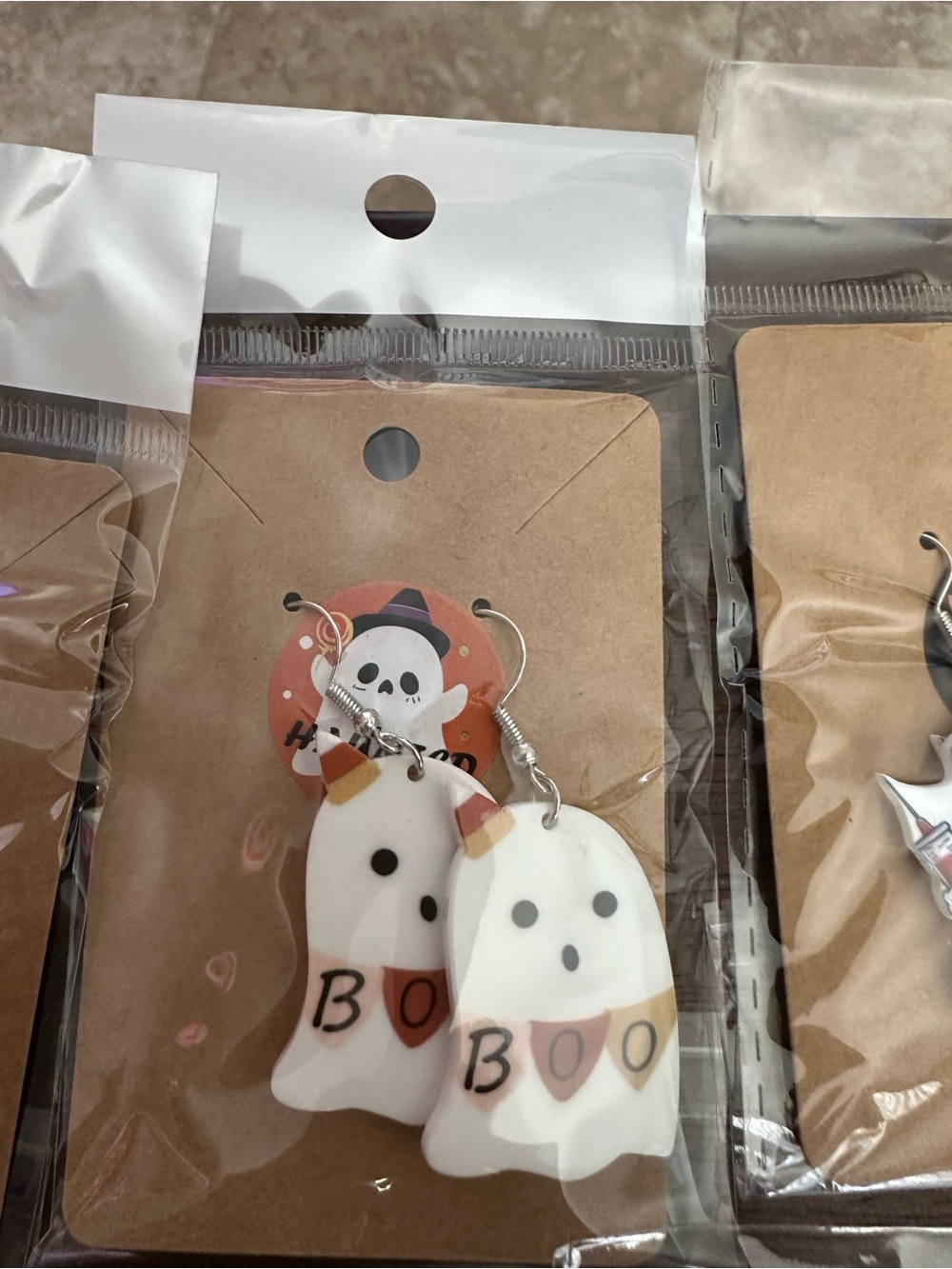 Handmade Ghost 'BOO' Dangle Earrings - White & Tan